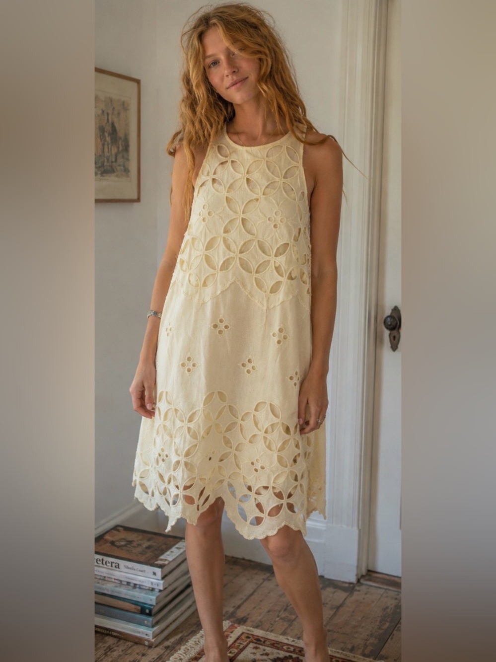 Sleeveless Cream Cutout Embroidered Dress